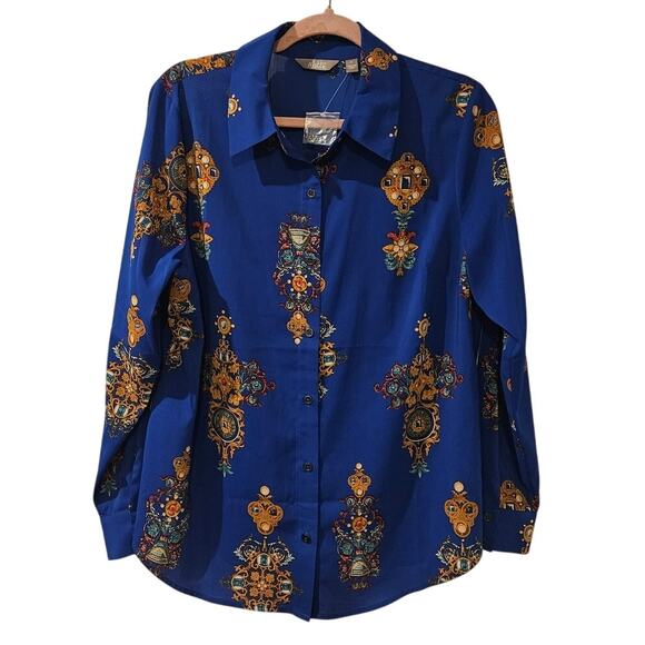 Motto Australia‎ Baroque Print Blouse Blue Button Down AU 14 US 10 NWOT - Picture 1 of 7